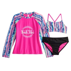 Girls 7-16 SO® Tie Dye "Beach Vibes" Bikini Top, Bottoms, & Rash Guard Swimsuit Set