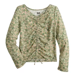 Girls 6-20 SO® Long Sleeve Cinch Front Tee in Regular & Plus -kids pajamas set Sales 5574801 Olive Ditsy