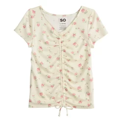 Girls 6-20 SO® Short Sleeve Cinch Front Tee in Regular & Plus -kids pajamas set Sales 5574804 Cream Floral