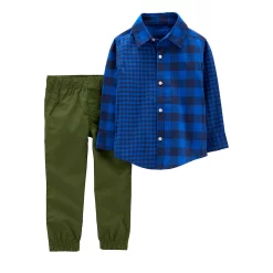 Toddler Boy Carter's Plaid Striped Button-Front Shirt & Pants Set -kids pajamas set Sales 5576433 ALT