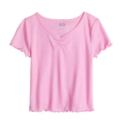 Girls 6-20 SO® Short Sleeve Cinch Front Lettuce Edge Tee in Regular & Plus -kids pajamas set Sales 5578204 Pink