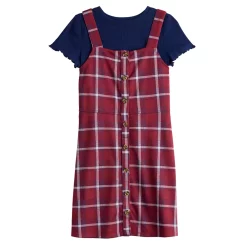 Girls 6-20 SO® Baby Tee & Button-Front Jumper Set in Regular & Plus Size -kids pajamas set Sales 5586349 Burgundy Plaid