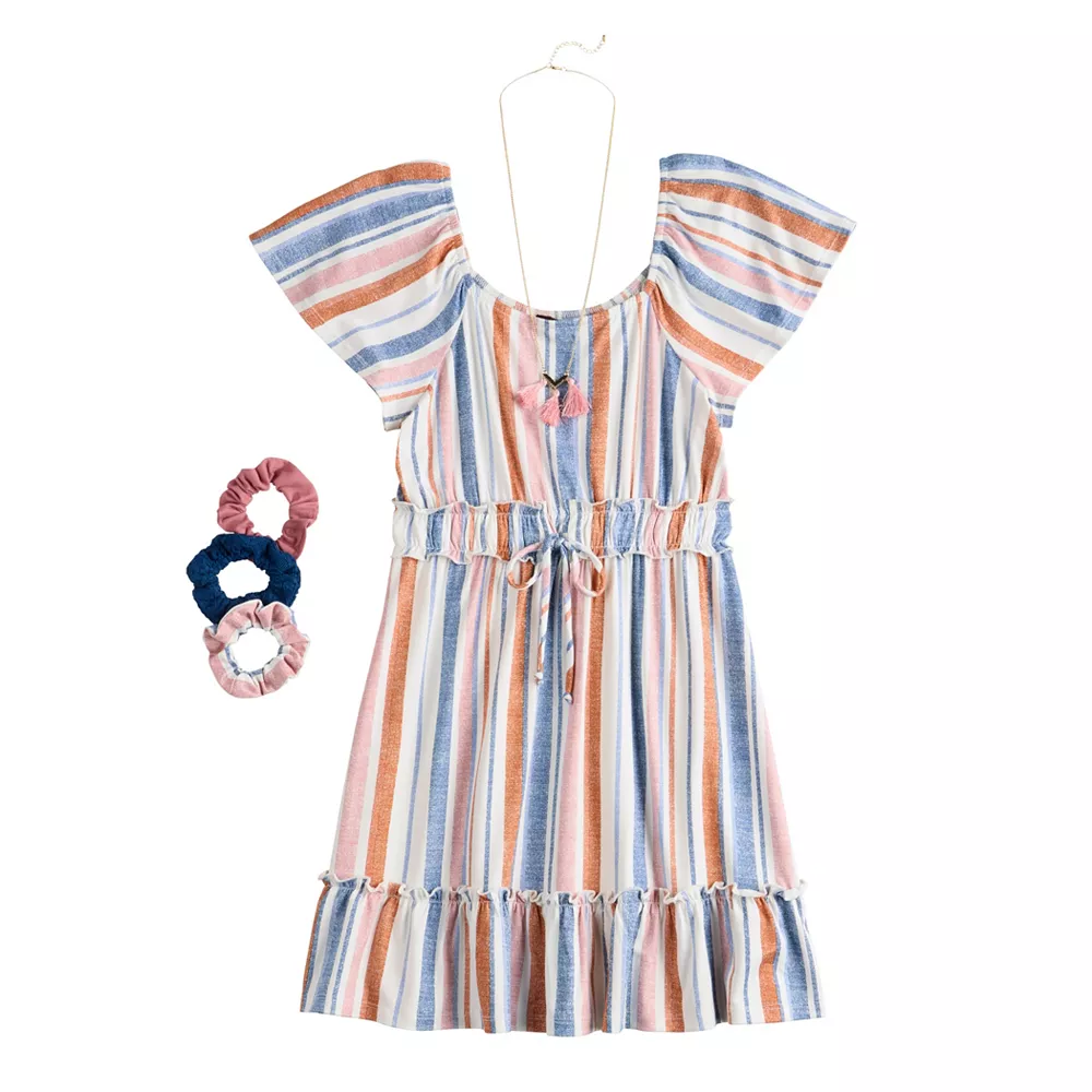Girls 7-16 Three Pink Hearts Striped Dress, Scrunchies, & Necklace Set in Regular & Plus 3 Girls 7-16 Three Pink Hearts Striped Dress, Scrunchies, & Necklace Set in Regular & Plus