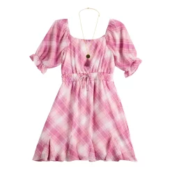 Girls 7-16 Three Pink Hearts Printed Chiffon Dress & Necklace Set in Regular & Plus -kids pajamas set Sales 5595015 Pink Plaid