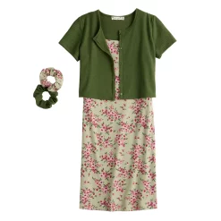 Girls 7-16 Knit Works Cardigan & Dress Set with Scrunchies in Regular & Plus Size