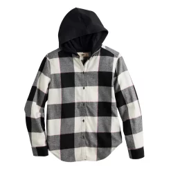 Girls 6-20 SO® Boyfriend Flannel Hooded Shirt in Regular & Plus Size -kids pajamas set Sales 5653276 Black Plaid