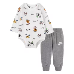 Baby Boy Nike White Allover Print Nikemoji Bodysuit & Gray Jogger Pants Set
