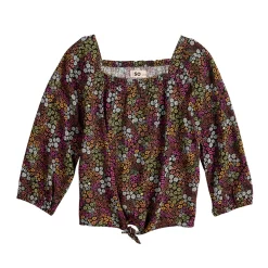 Girls 4-16 SO® 3/4-Sleeve Tie Front Woven Top in Regular & Plus Size -kids pajamas set Sales 5737542 Multi Ditsy