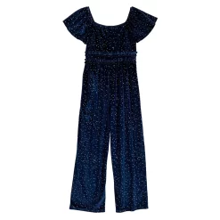 Girls 7-16 Three Pink Hearts Velvet and Glitter Jumpsuit